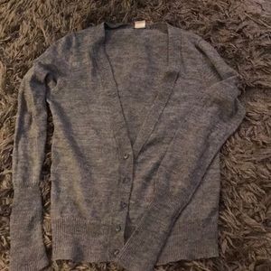 J. Crew grey sweater with rhinestone button detail